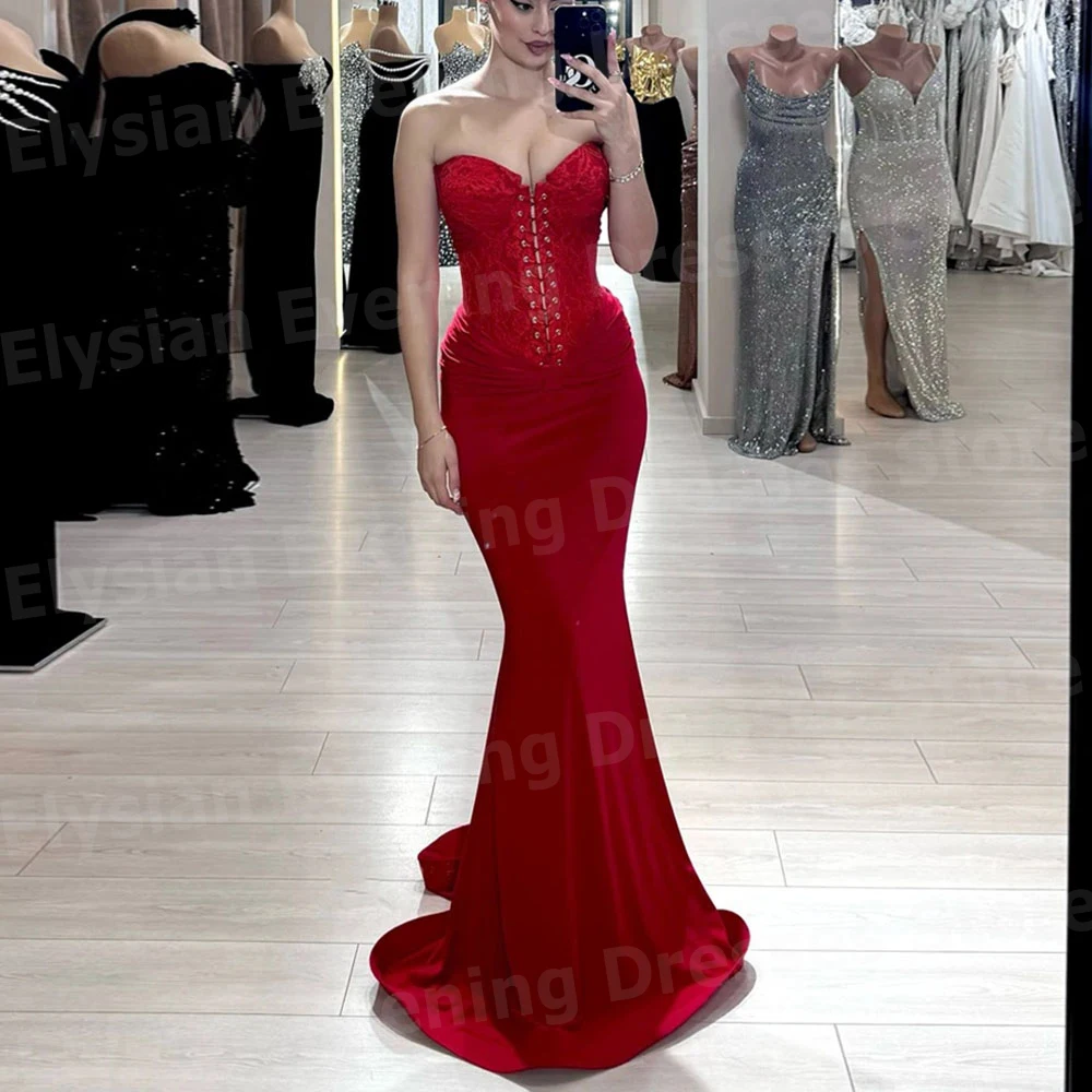 

Beautiful Women's Mermaid Evening Dresses Sweetheart Customized Sleeveless Backless Prom Gowns Lace Vestidos De Fiesta Elegantes