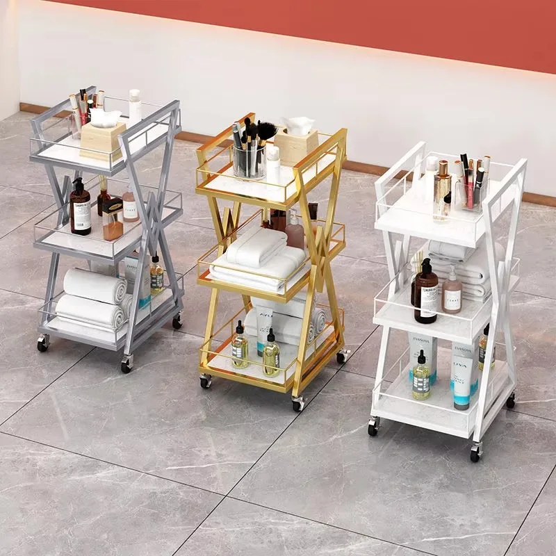 Modern Rose Gold Salon Barber Trolley Rolling Cart 4-Wheel Metal Frame High Quality Waterproof Furniture Wholesale