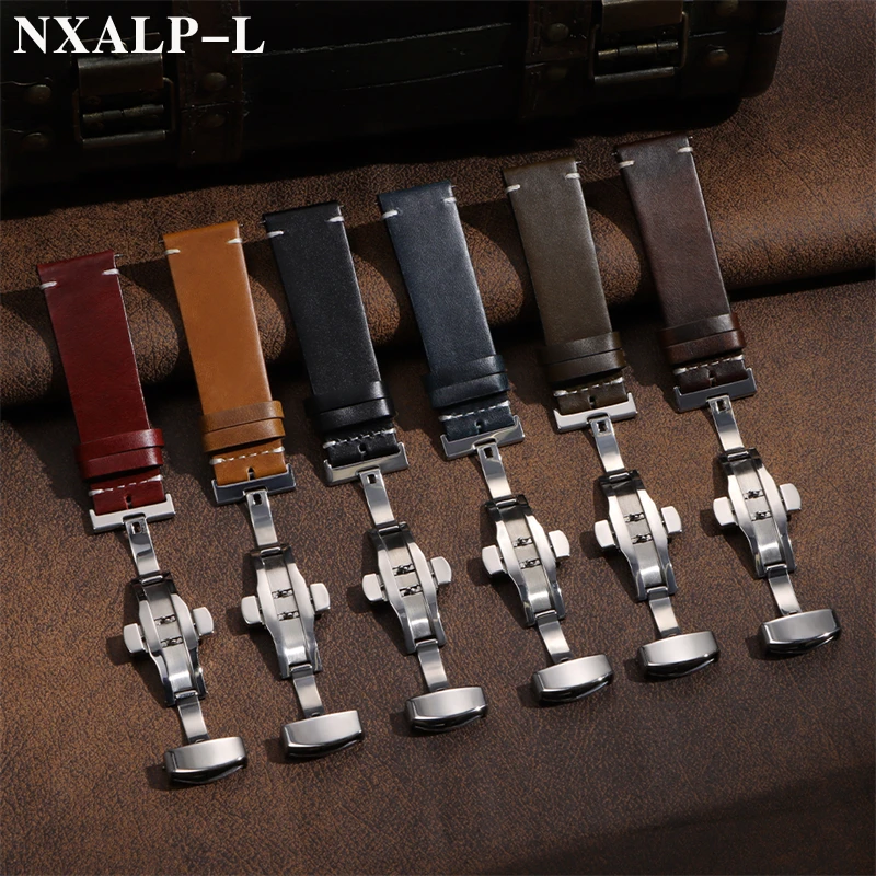 Cinturini per orologi in pelle cerata retrò con fibbia a farfalla per Seiko per bracciale Omega cinturino in pelle di vacchetta con cuciture 18/19/20/21/22/24mm