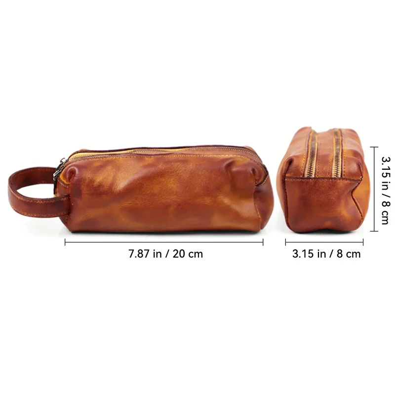 Genuine Leather Pencil Pack Vintage Double Layer Design Zipper Pen Case Cowhide Clutch Bag Large Capacity Storage Pouch