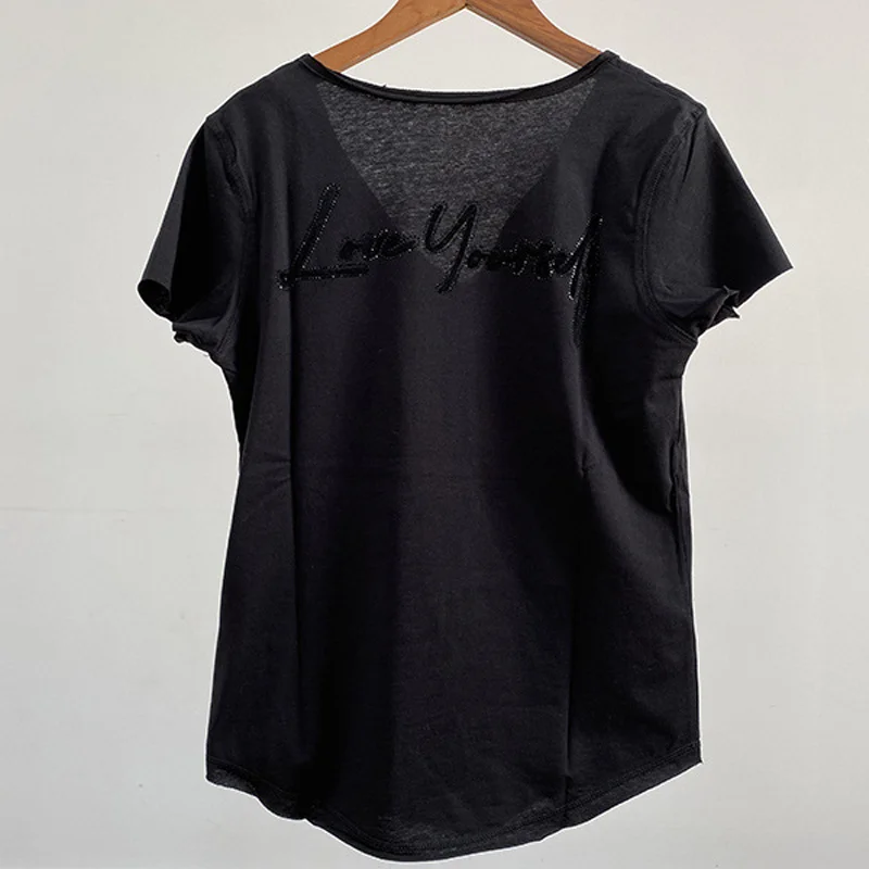 

Black Tees Women Letter Embroidered Cotton T-Shirts Casual Short Sleeve Summer Tops Female Zadig T-Shirt Button V-Neck T Shirt