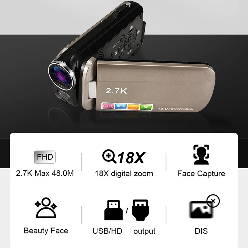 2.7K Handheld Digital DV Camera With 3.0-Inch Rotatable Display Household Portable 18X Zoom 48 Megapixel Digital Camera