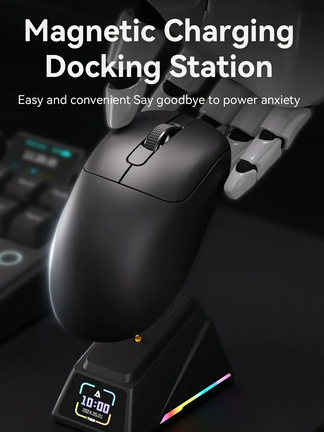 Ajazz AJ179 APEX Kabellose Gaming-Maus mit Farbbildschirm-Basis, Bluetooth, PAW3395, 400mAh Akku, 8000Hz Bildwiederholrate