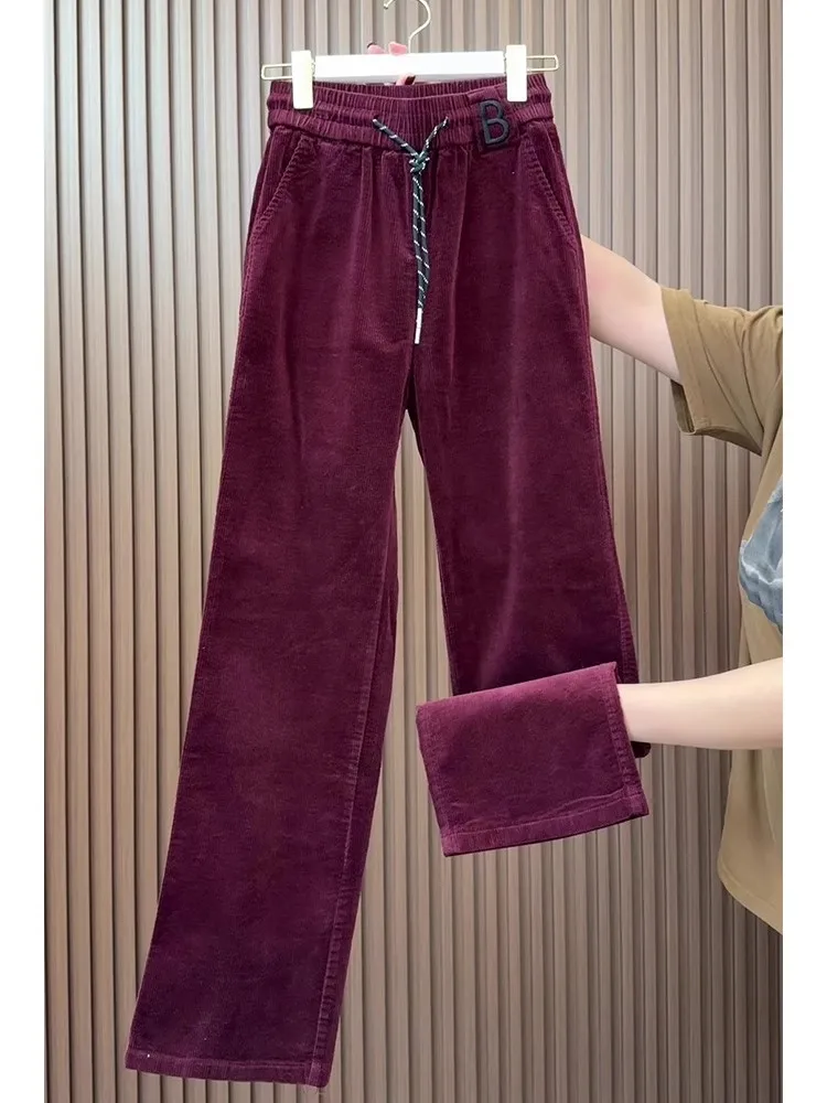 Zimowe sztruksowe spodnie z szerokimi nogawkami damskie nowe luźne sznurowane proste spodnie dresowe modne Y2k wielokolorowe spodnie z wysokim stanem plus size