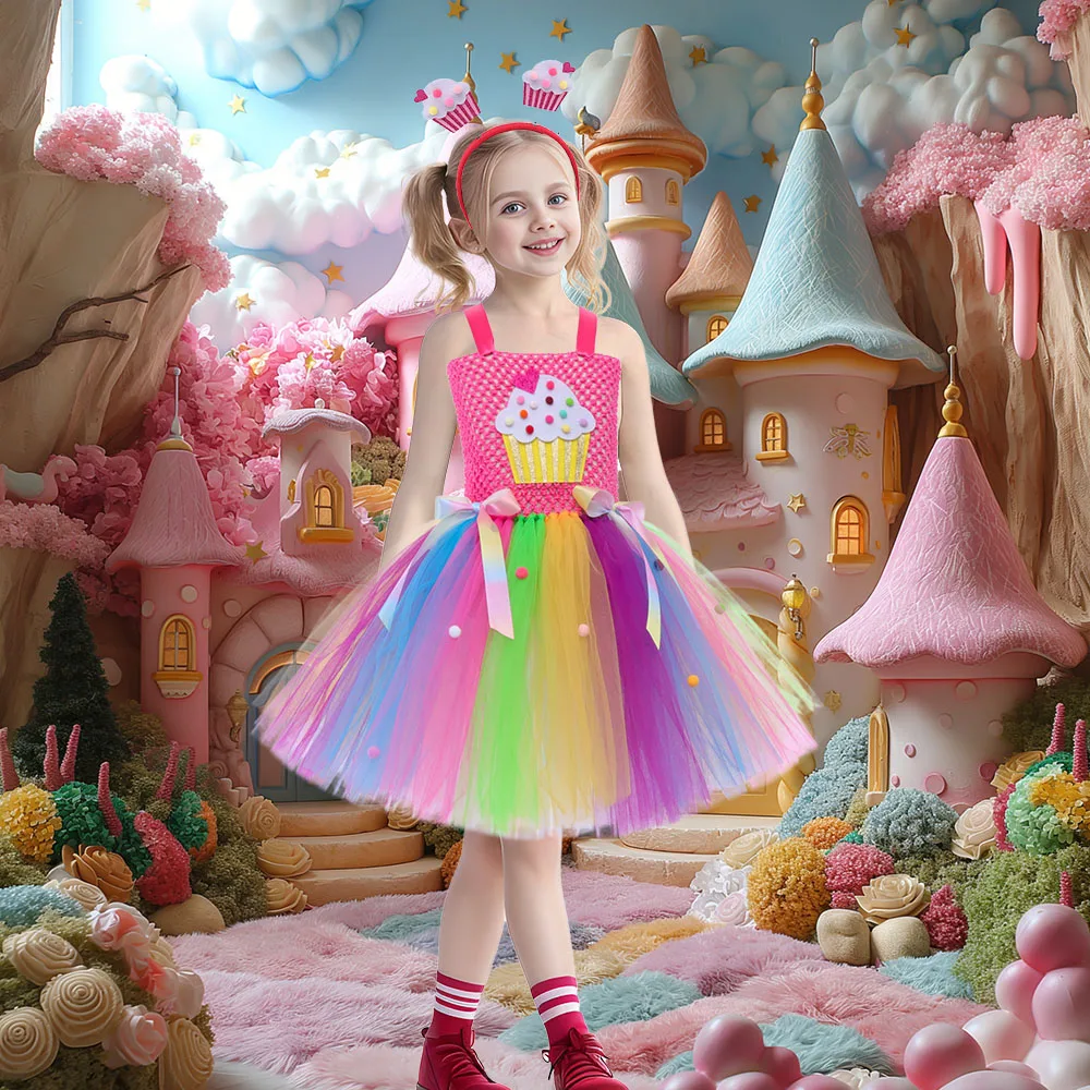 Sweet Rainbow Girls Cupcake Costume Tutu Dress Candyland Kids Halloween Costume for Girl Summer Dress Princess Tulle Ball Gown