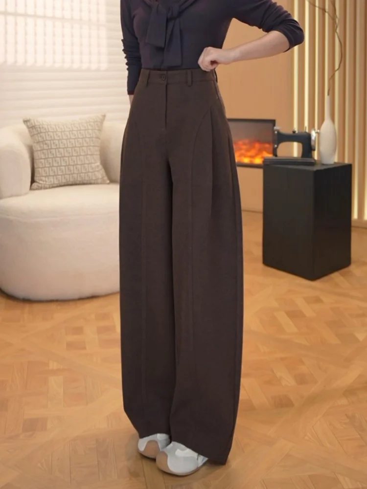 المرأة الصوف بنطال ذو قصة أرجل واسعة فضفاض ثني Thiened الخريف الشتاء عادية بلا بنطلون تنحيف عالية الخصر مستقيم قطع بنطلون