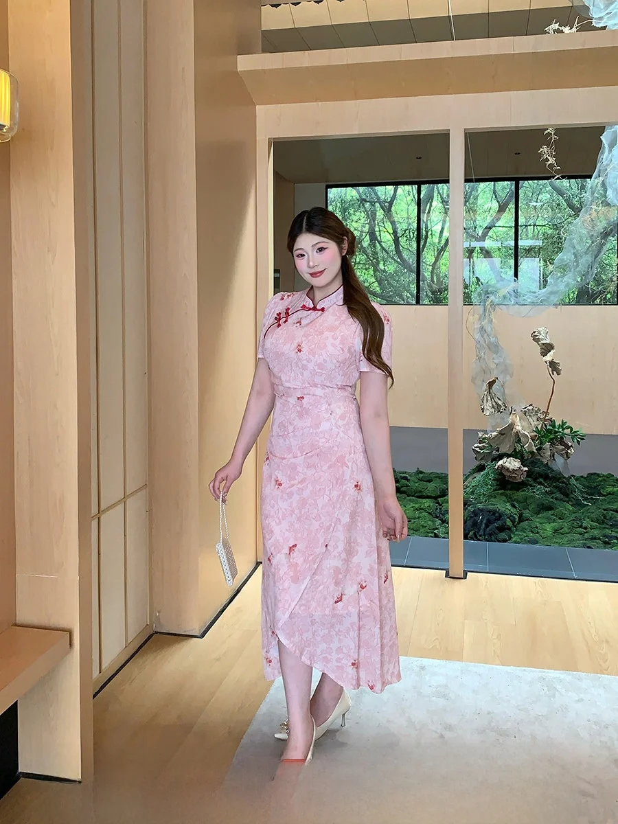 

SOUL большие размеры, длинная розовая Qipao Dr, женская утягивающая юбка трапециевидной формы с высокой талией, летняя юбка с цветочным принтом