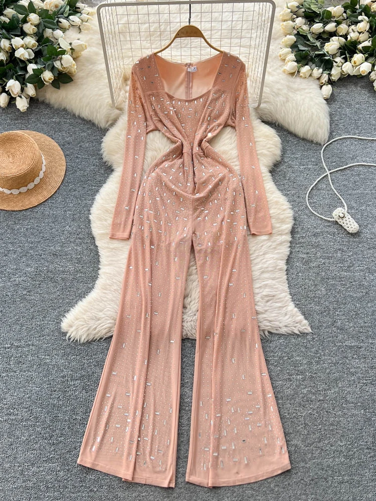 

Faionable Heavy-Du Long Romestone Женский комбинезон с высокой талией для похудения, повседневный драпированный костюм с длинными брюками