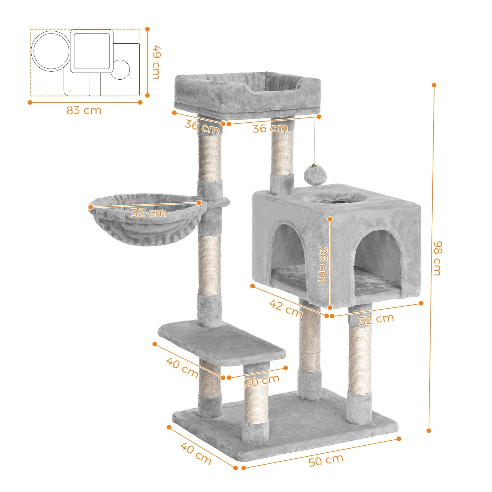 عمود خدش من خشب البلوط والشاي مقاس 100 سم مع 7 أعمدة بيت قطط وأرجوحة ثابتة مع حماية من البقشيش