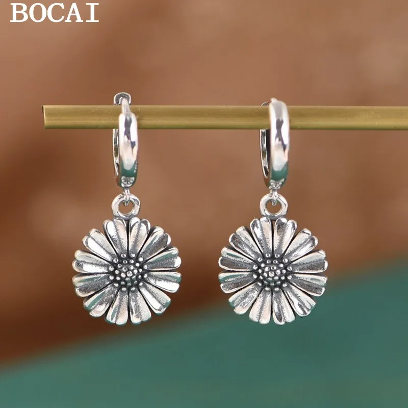 

BOCAI новые серебряные модные женские серьги S925, простые темпераментные женские серьги в стиле ретро с солнечным цветком