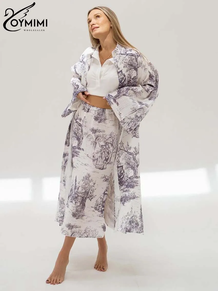 

Oymimi Elegant White Print Sets For Women 2 Pieces Fashion Lapel Long Sleeve Button Robe And High Waist Slim Straight Skirts Set