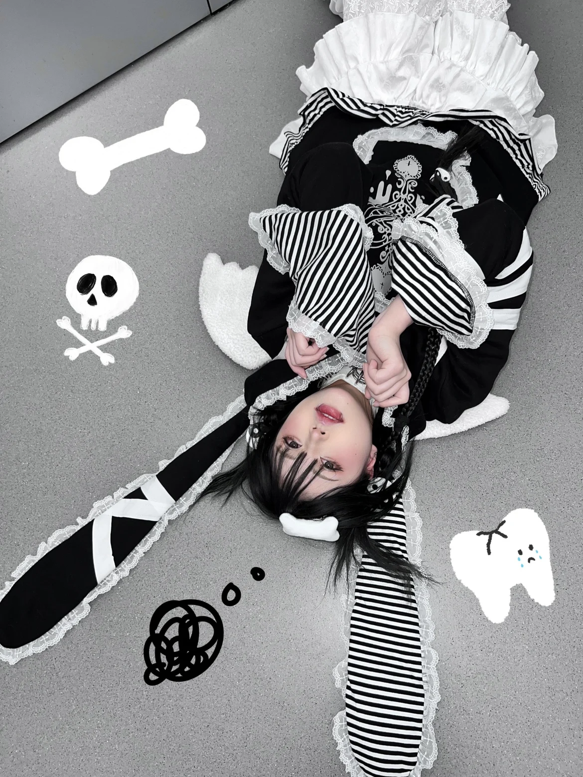 Original Subculture Warm Bunny Ear Lace-up Sweatshirt Holt Girls Cute Sweet Black White Stripe Lace Cardigan Spring Top Jacket