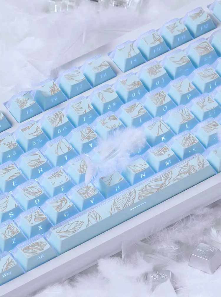 Feather Pattern 97 Keycaps Cherry Profile Light Blue Gold Translucent PBT for 87 Keys TKL 60% 65% 75% Mechanical Keyboard Gaming