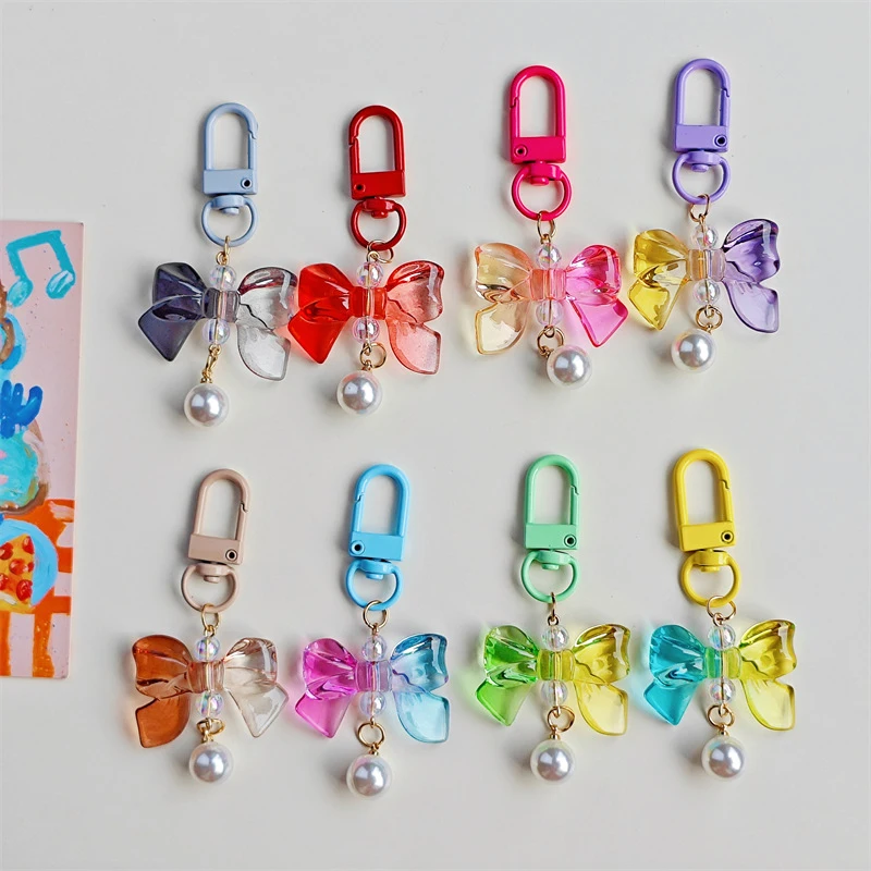 Gradient Bow Pearl Keychain Colored Car Keyring For Women Girls Handbag Mobile Pendant Headphone Case Accessories Jewelry