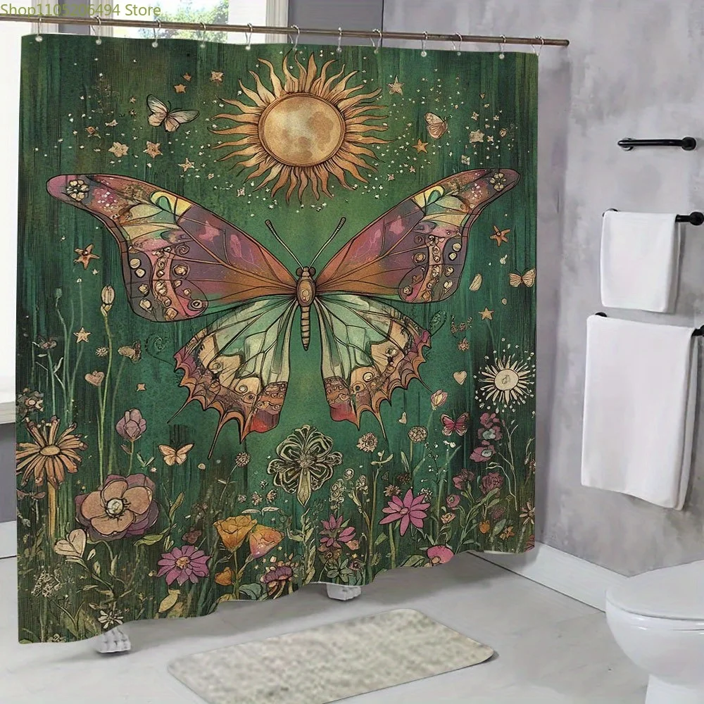 

1pc Vibrant Butterfly & Floral Shower Curtain - Green Nature Theme Polyester Fabric, Machine Washable with 12 Hooks, 70.8x70.8