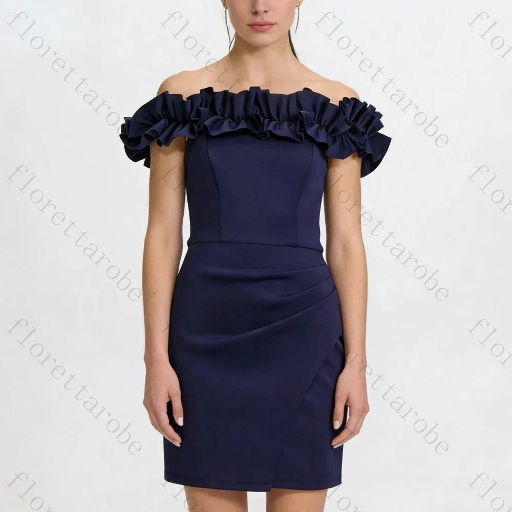Customized Navy Off Shoulder Mini Dress Ruffle Neck Ruched Sheath Short Gown Elegant Chic Cute Women Cocktail and Party Dress