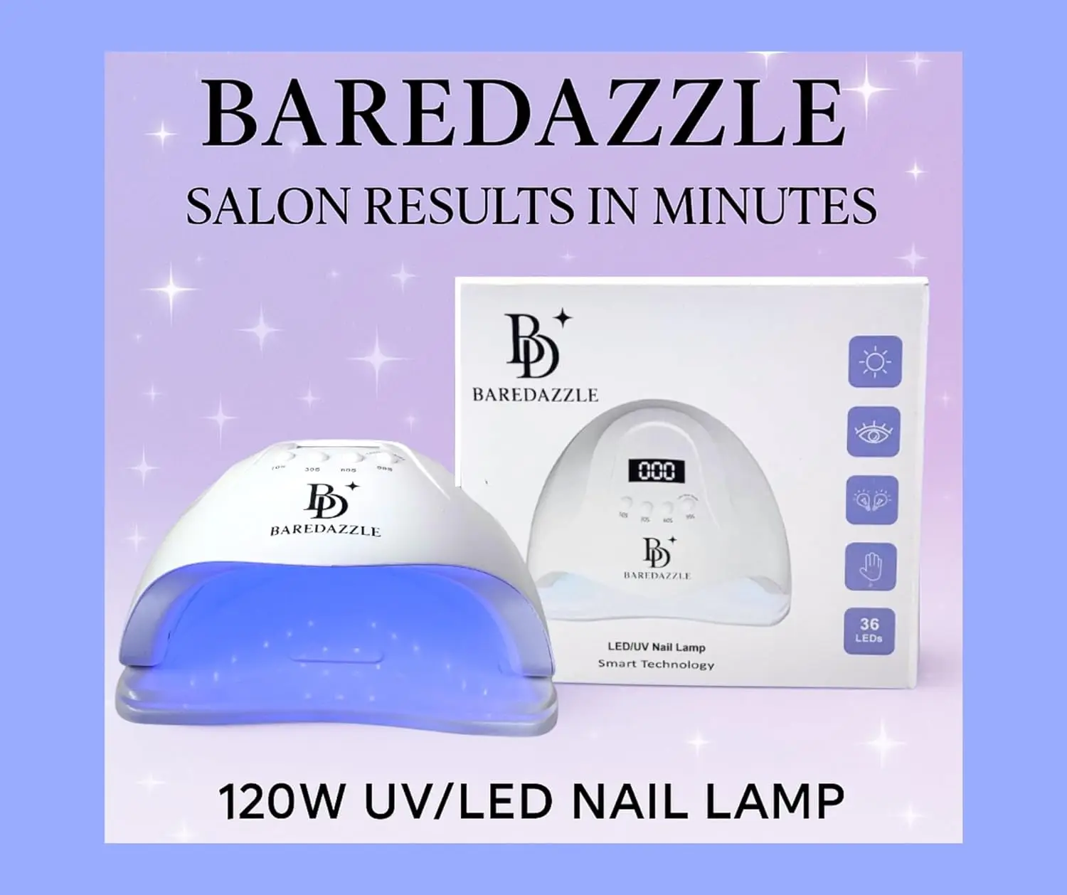 مصباح أظافر LED بالأشعة فوق البنفسجية بقدرة 120 وات لأظافر الجل - 4 مؤقتات، شاشة LCD، مستشعر تلقائي، حرارة منخفضة - 36 خرزة LED - BAREDAZZLE