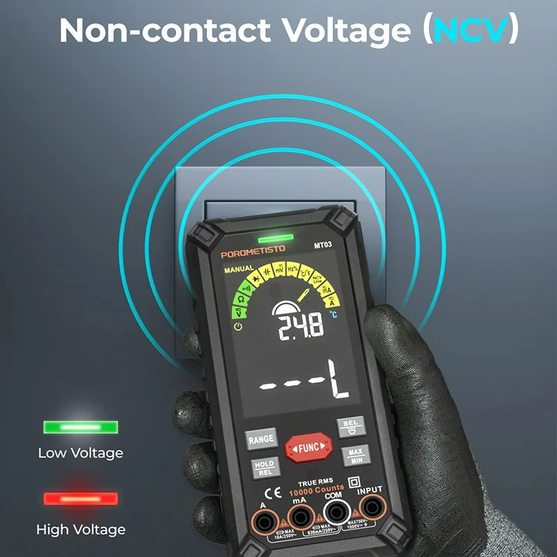 POROMETISTO MT03 Digital Multimeter Voltage Tester TRMS Auto Ranging AC/DC Current Resistance Temp Continuity Capacitance Tester