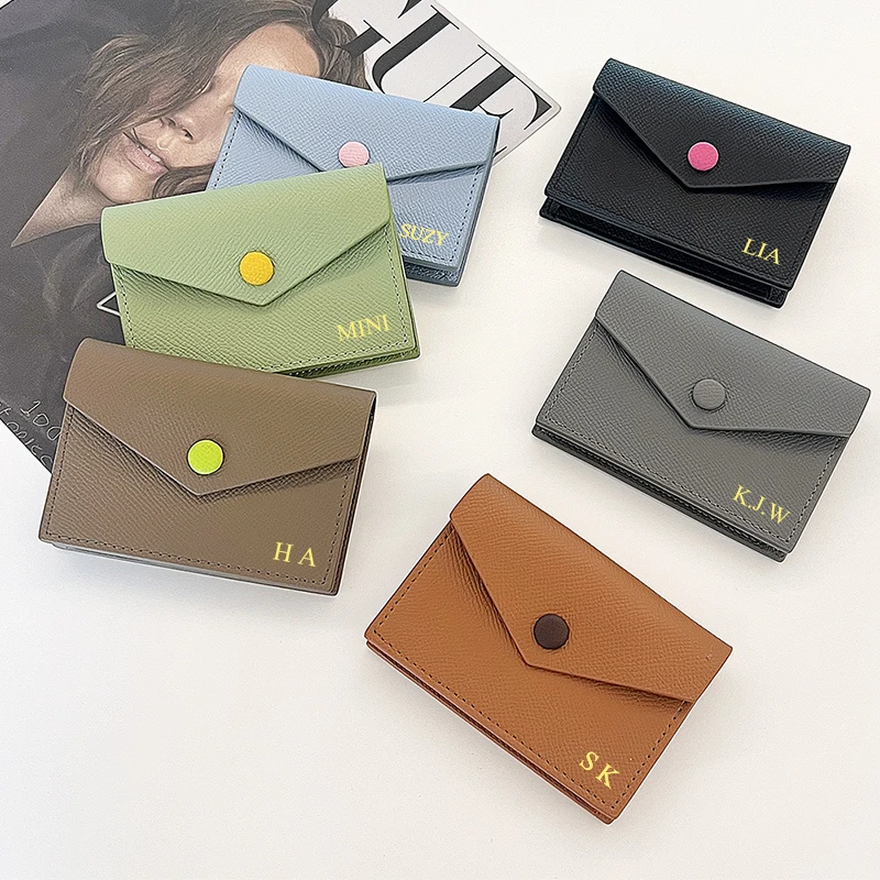Fashion Cute Split Leather Card Wallet Custom Name Woman Luxury Envelope Card Holder Personalized Cowhide Business Card Bag Gift