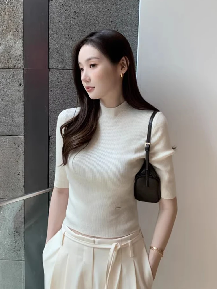 

Slim Fit ort Sve Knitwear Chic Summer New Sle Simple Elegance Stand Collar Pure Color Women's Top Korean Sle Polyest...