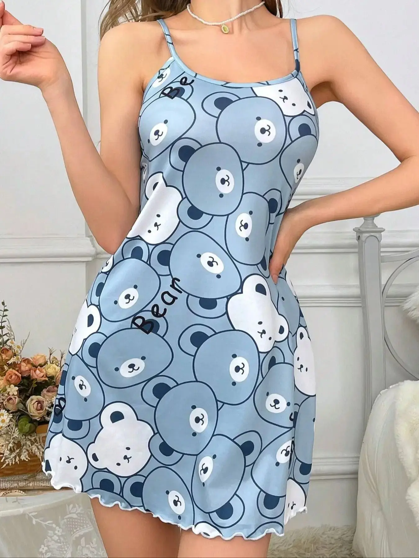

Summer Cute Blue Bear Printed Night Dress Women Sleepwear Nightgowns Nighties Comfortable Casual Sexy Nimi Dress Sleepshirts