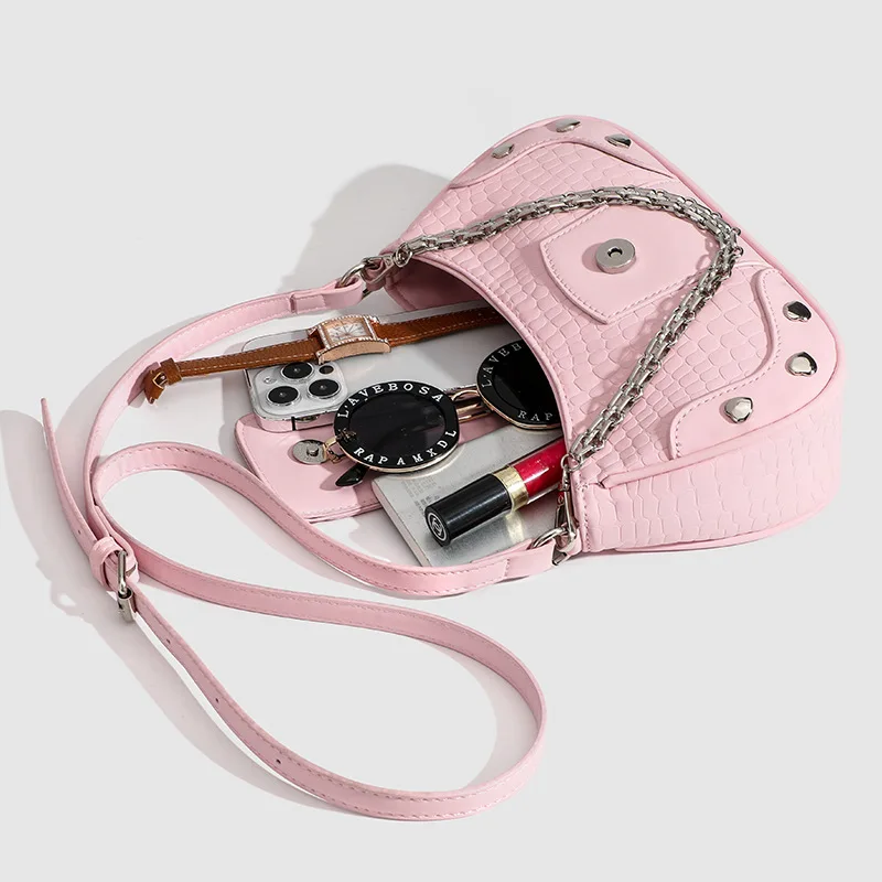 2024 New Women\'s Heart Rivet Underarm Shoulder Bags Y2K Punk Pink Crossbody Bags Hottie PU Leather Fashion Cool Zip Handbags