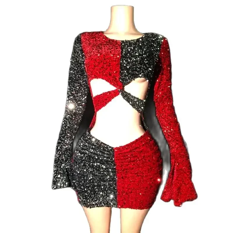 Novo vermelho preto lantejoulas vestido sexy recorte noite gogo traje desempenho de palco wear feminino festival outfit