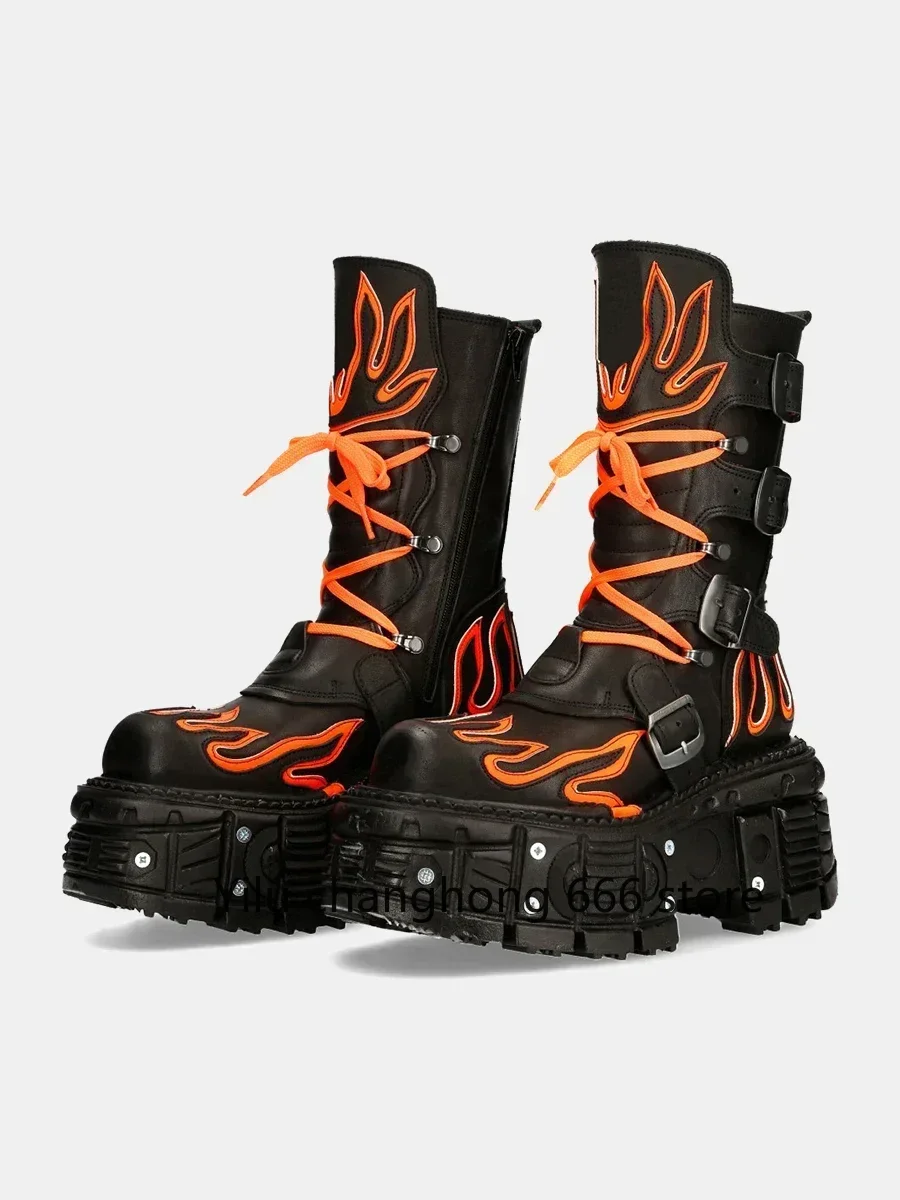 

Женские модные ботинки в стиле панк в стиле ретро, ботинки на плоской подошве с круглым носком и толстой подошвой, 2024, кожаные сапоги до середины икры с металлическим украшением, горячая распродажа