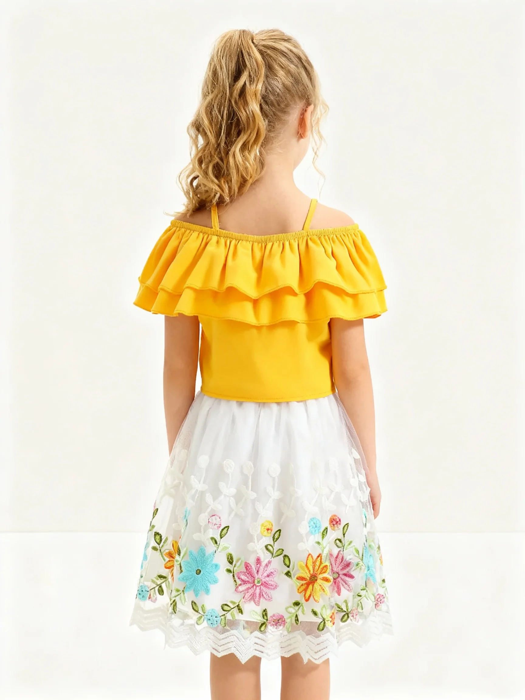 Two Piece Summer Girls' Solid Color Off Shoulder Camisole T-Shirt With Flower Embroidery Mesh Skirt Casual Set