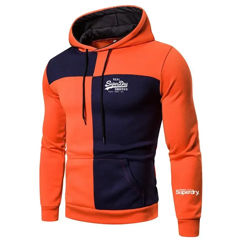 2024 UK Superdry Brand New Autumn Winter Printed Patchwork Hoodies Top Street Fashion Men\'s Pocket Hooded Casual Sportswear