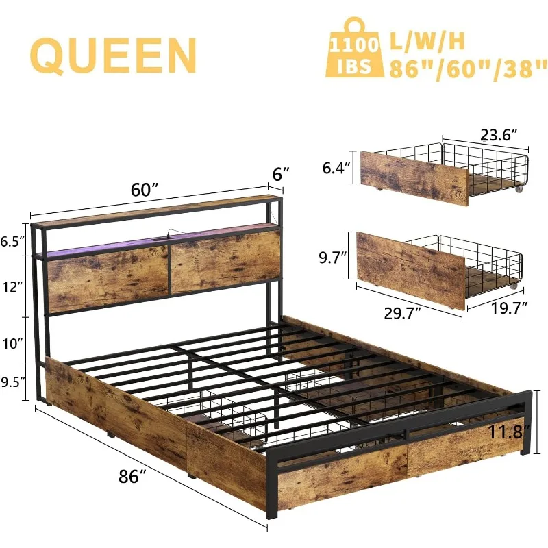 Queen Bed Frame with Storage Headboard and 4 Drawers LED Lights Metal Platform Non-Slip Without Noise Mattress Foundation