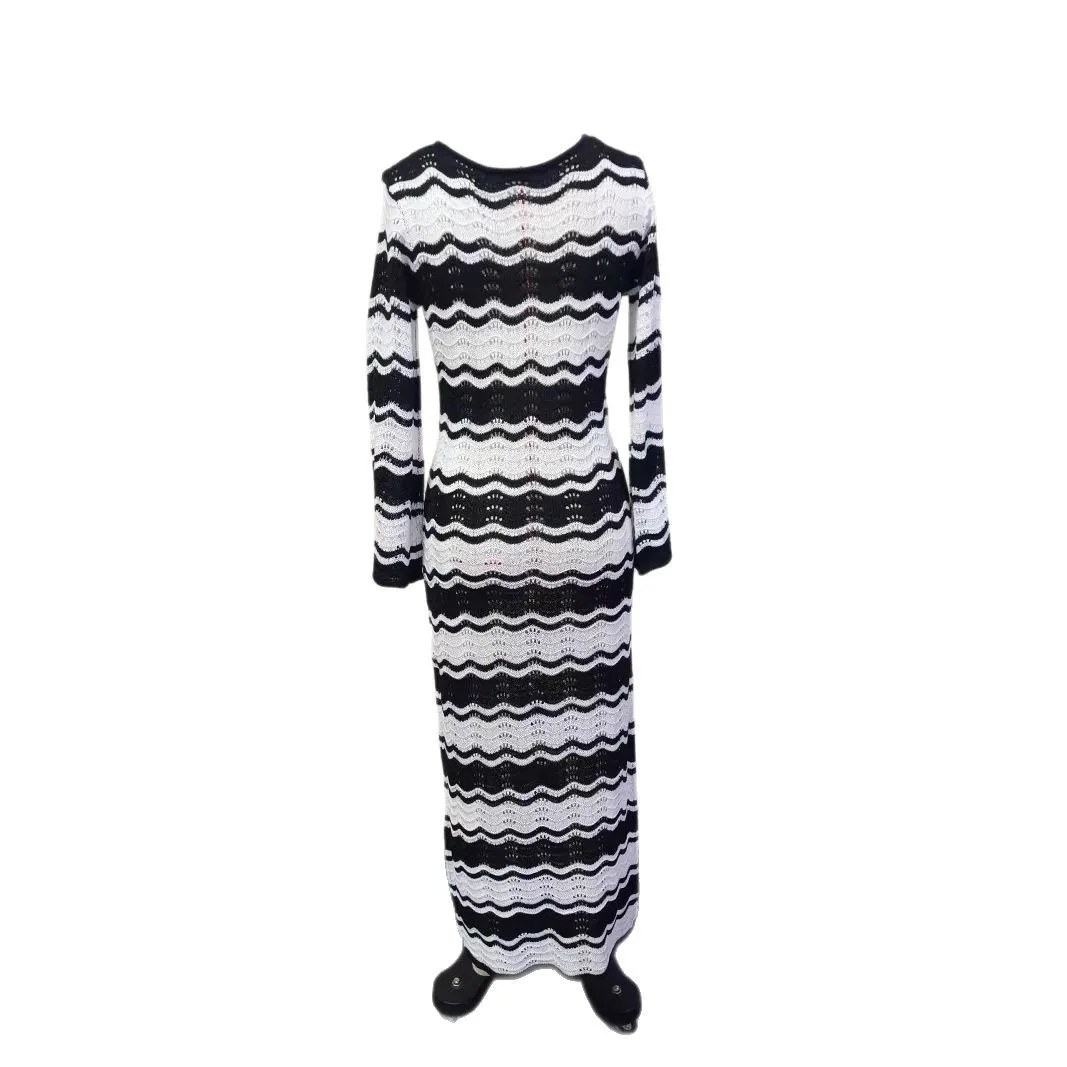 2025 Vestidos de punto a rayas a la moda para mujer, Maxi vestido de playa de manga larga para mujer, batas ajustadas de punto con cuello calado