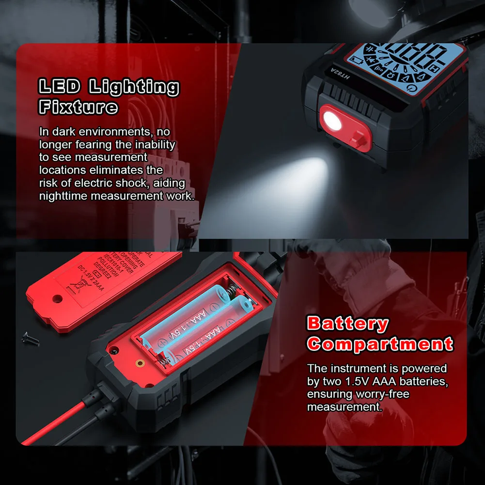 

Мультиметр HT82A на 4000 измерений с датчиком NCV, идентификацией фаз, проверкой диодов, проверкой целостности цепи, звуковым сигналом и показаниями True RMS