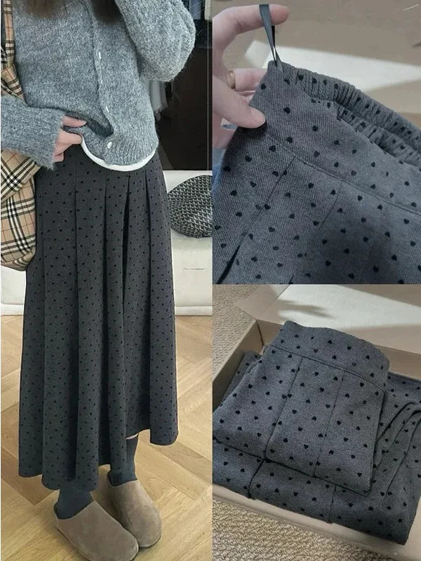 plus Size Fashionable Grey Autumn Winter Polka Dot A-Line Skirt Thickened Wool Blend High Waist Casual Standard Fit Skirt