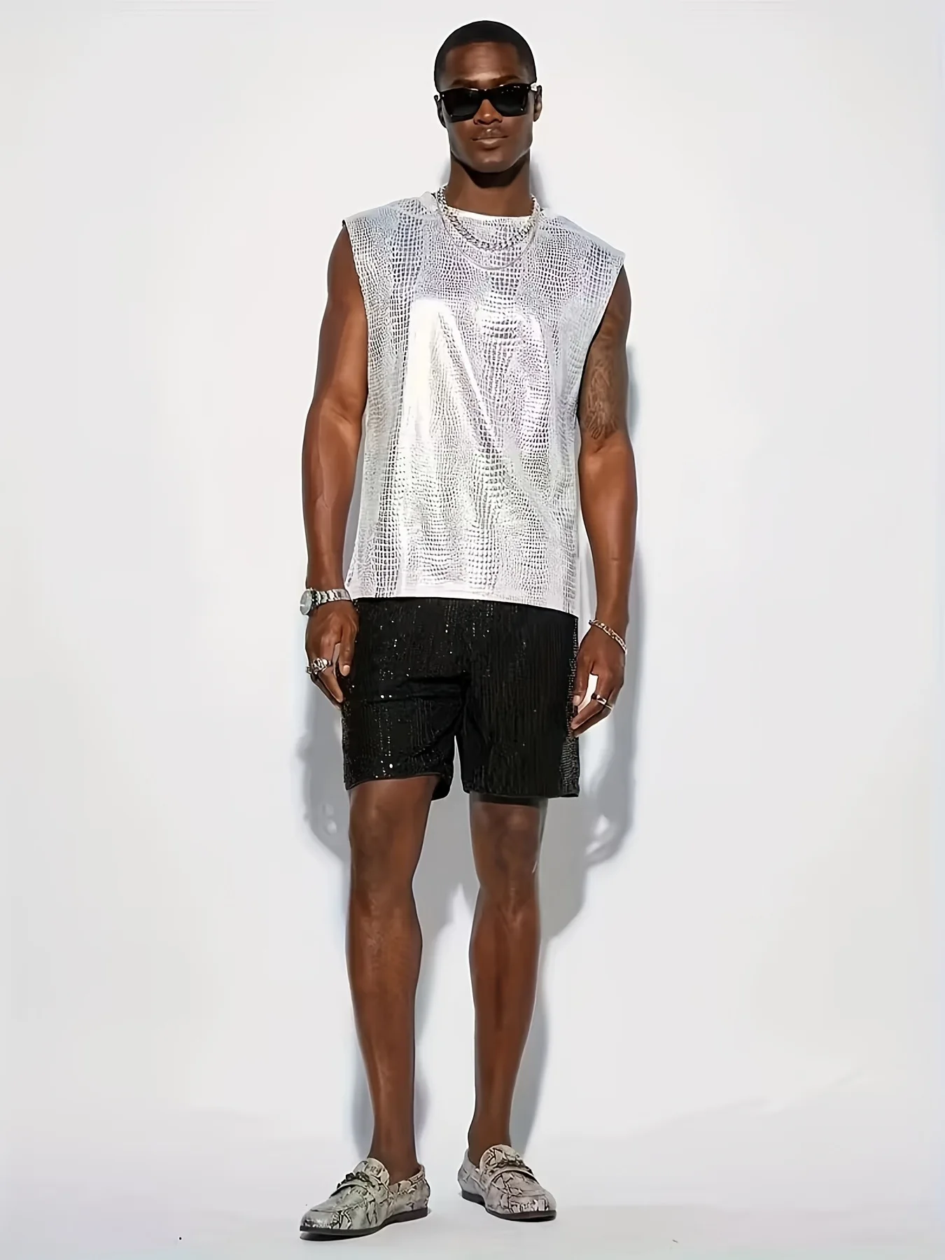 Summer silver glossy alligator shiny men tank top Sexy plus size dance party club short t shirt vest