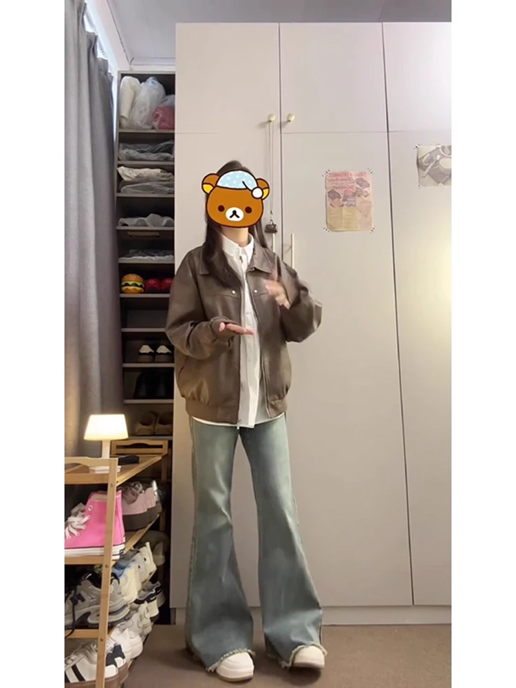 American Retro Brown Workwear Leder Jaet Damen Baseball Sle Collar Biker Mantel Trendy Herbst Oberbekleidung Mantel