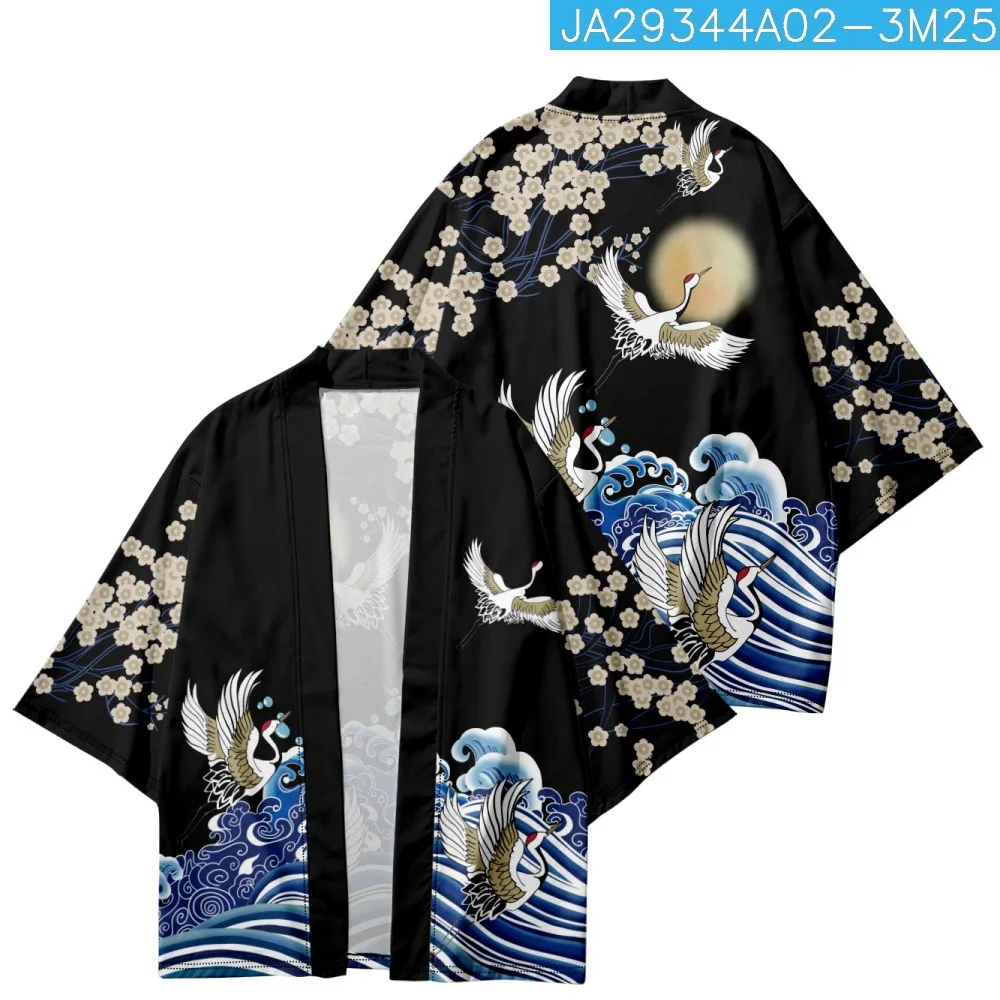 

Fashion Japanese Beach Kimono Robe Black Crane Print Cardigan Men Shirts Yukata Haori Clothing