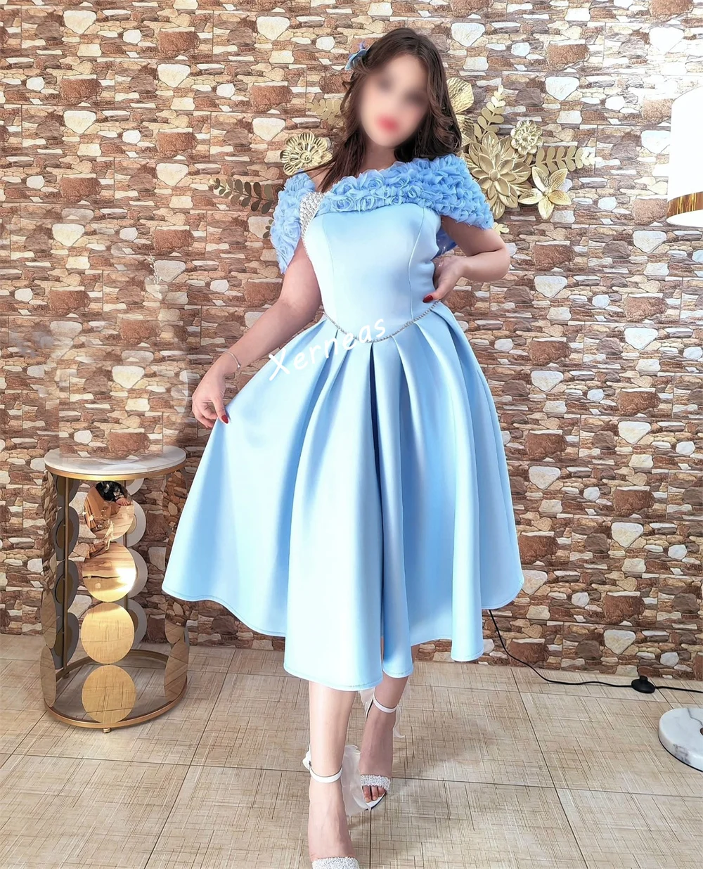 ชุดเดรสทรงเอไลน์แบบมีสายคล้องไหล่ ผ้าชาร์มูสลายดอกไม้สั่งทำพิเศษ สำหรับงานพิเศษ งานเลี้ยง งานคืนสู่เหย้า หรืองานราตรี