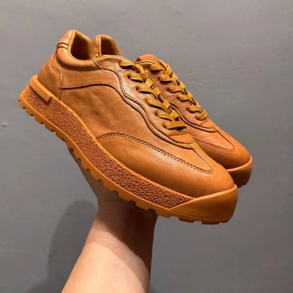 

Men's Retro Genuine Leather Platform Sneakers 2025 New Style Lace-Up Soft Leather High-End Casual Sports Shoes