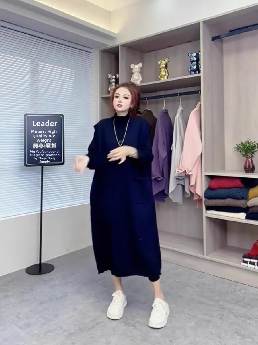 

Laid-ba Sle Loose Knitted Vest Design Sweater Dr Autumn Winter plus Size 300 Pou Long V-ne-piece Dr