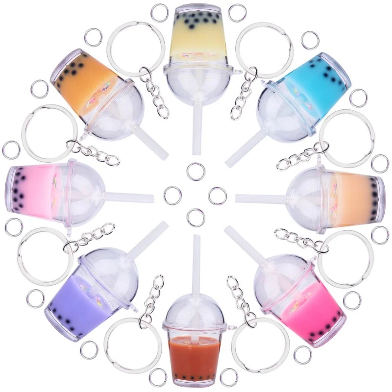 Cute Creative Pearl Milk Tea Bottle Pendants Split Key Rings for Jewelry Making Keychain DIY Hanging Decor Backpack Charms Gift