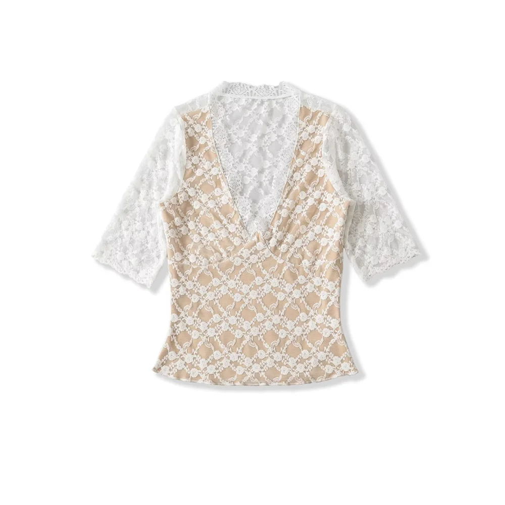 الصيف المرأة الجديدة الكورية نمط فتاة حار الدانتيل مايكرو شفافة الشكل التخسيس تنوعا الربط منتصف الأكمام تي شيرت برقبة على شكل v