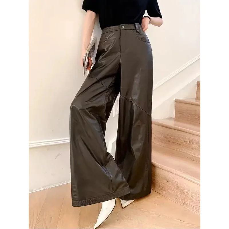 2026 Genuine Leather Pants for Women Full Length Sheepskin Wide Leg Slightly Flared Pantalon Femme Tapered Trousers with Loops