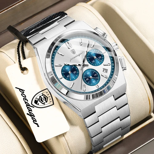 Imagen 2 del producto Reloj de Cuarzo POEDAGAR para Hombre de Negocios, Resistente al Agua, Luminoso, con Fecha, Cronógrafo, Elegante, de Acero Inoxidable
