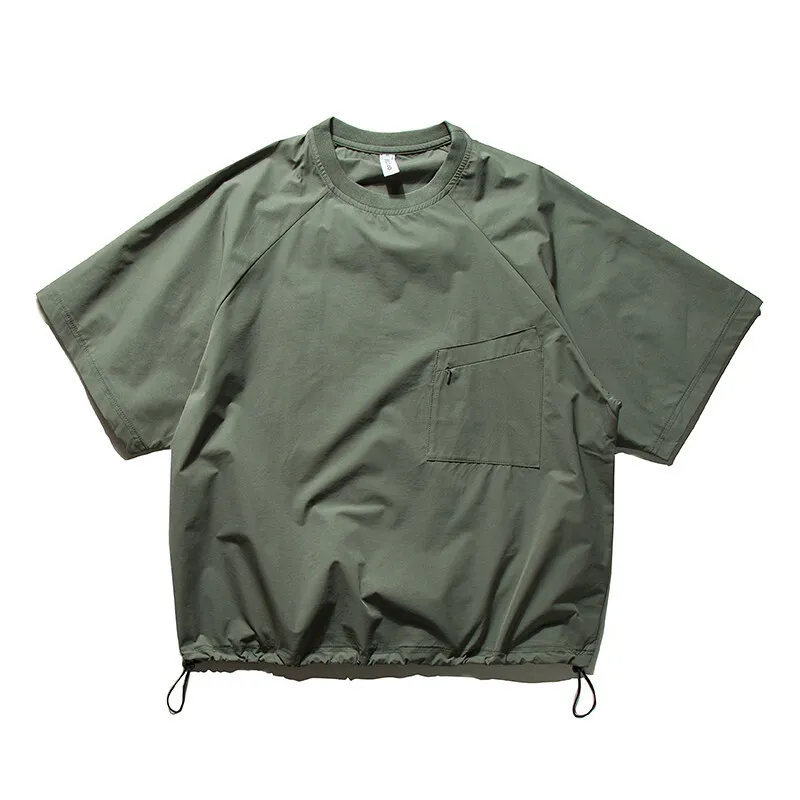Summer Trendy Outdoor Quick Drying T-shirt Men Adjustable Tie Hem Short Sleeved Top Japanese Loose