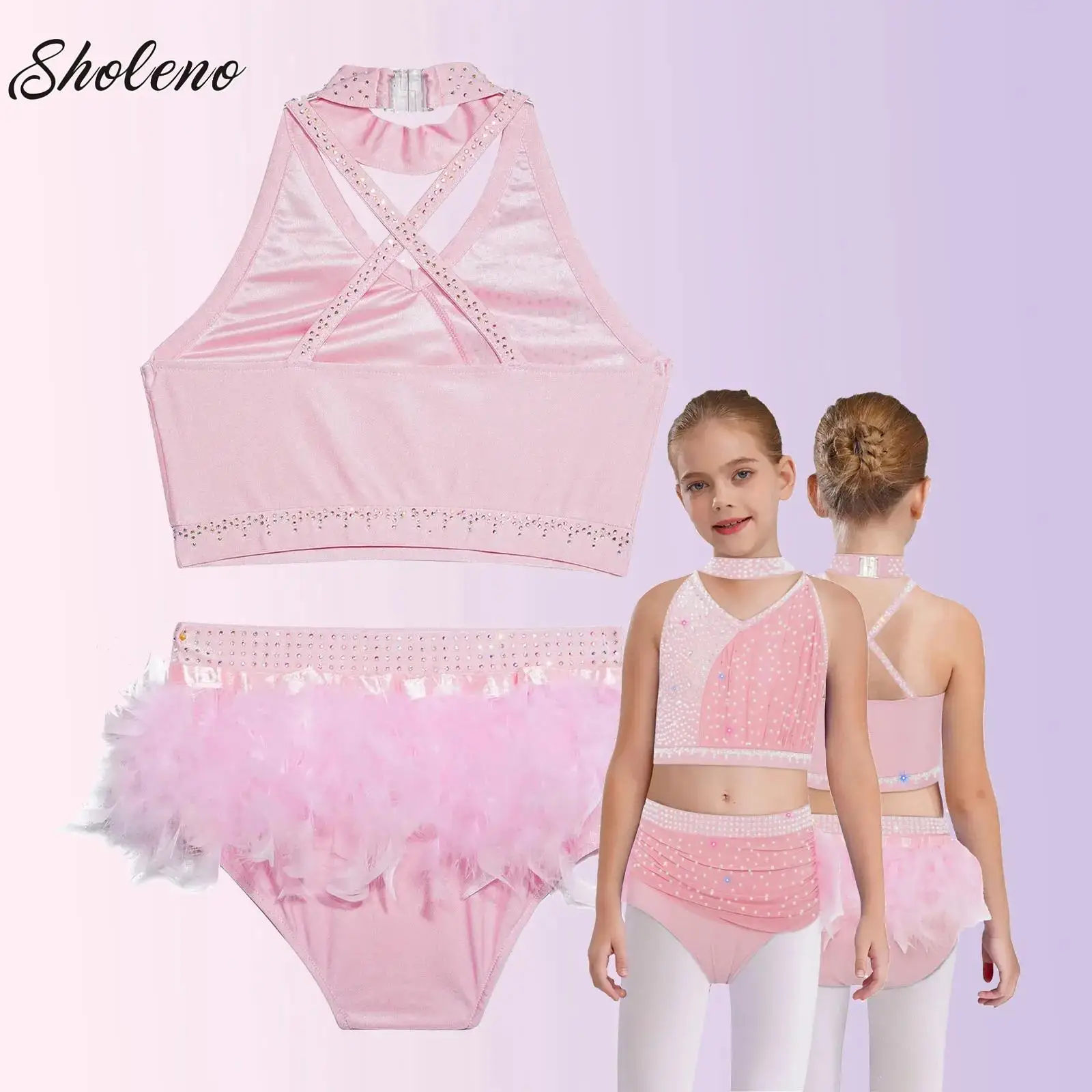 

Girls Modern Ballet Dance Outfit Rhinestones Crop Tops with Feather Skirt Set Sleeveless Vest Figure Skating Dresses Dance Wear