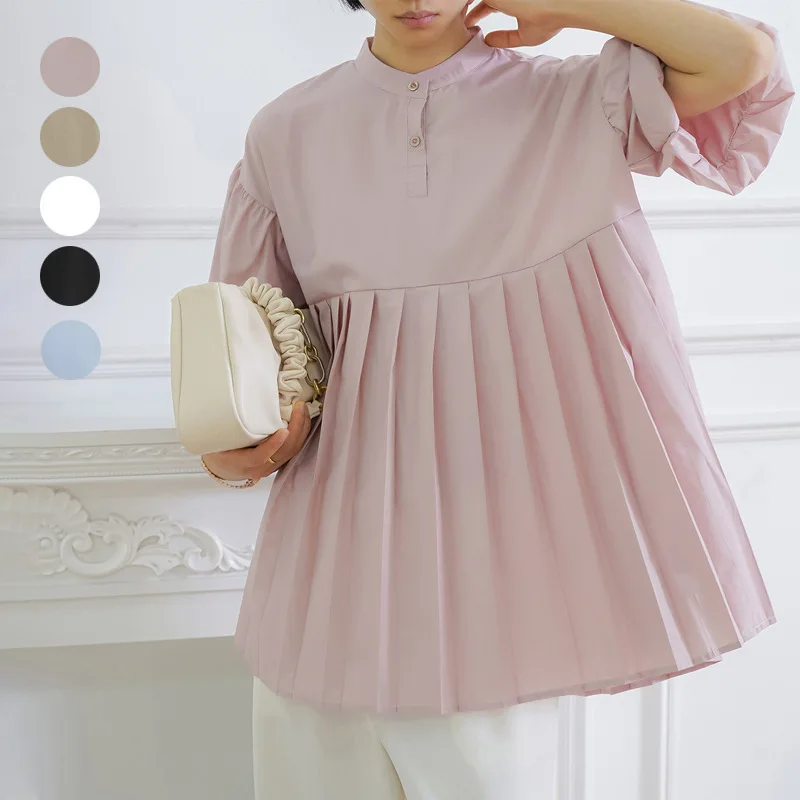 

Lotte Spring Summer New 5 Colors Cotton Anti-wrinkle Women's Shirt Lantern Sleeve Pleated Cute Top