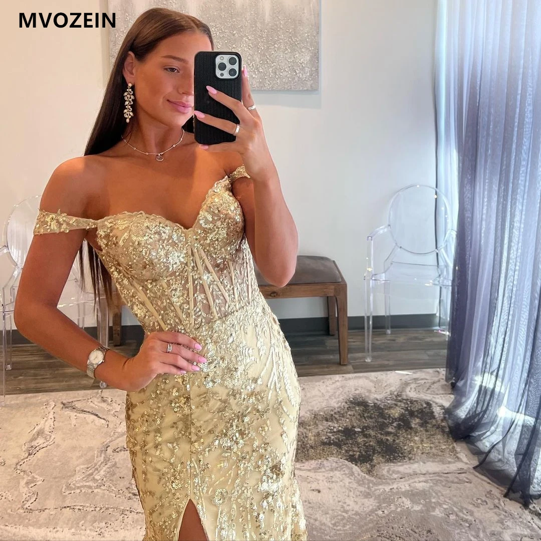 Off the Shoulder Prom Dress Mermaid Sequin Lace Gold Evening Dresses Long Formal Occasion Dresses Sexy Split Party Dresses