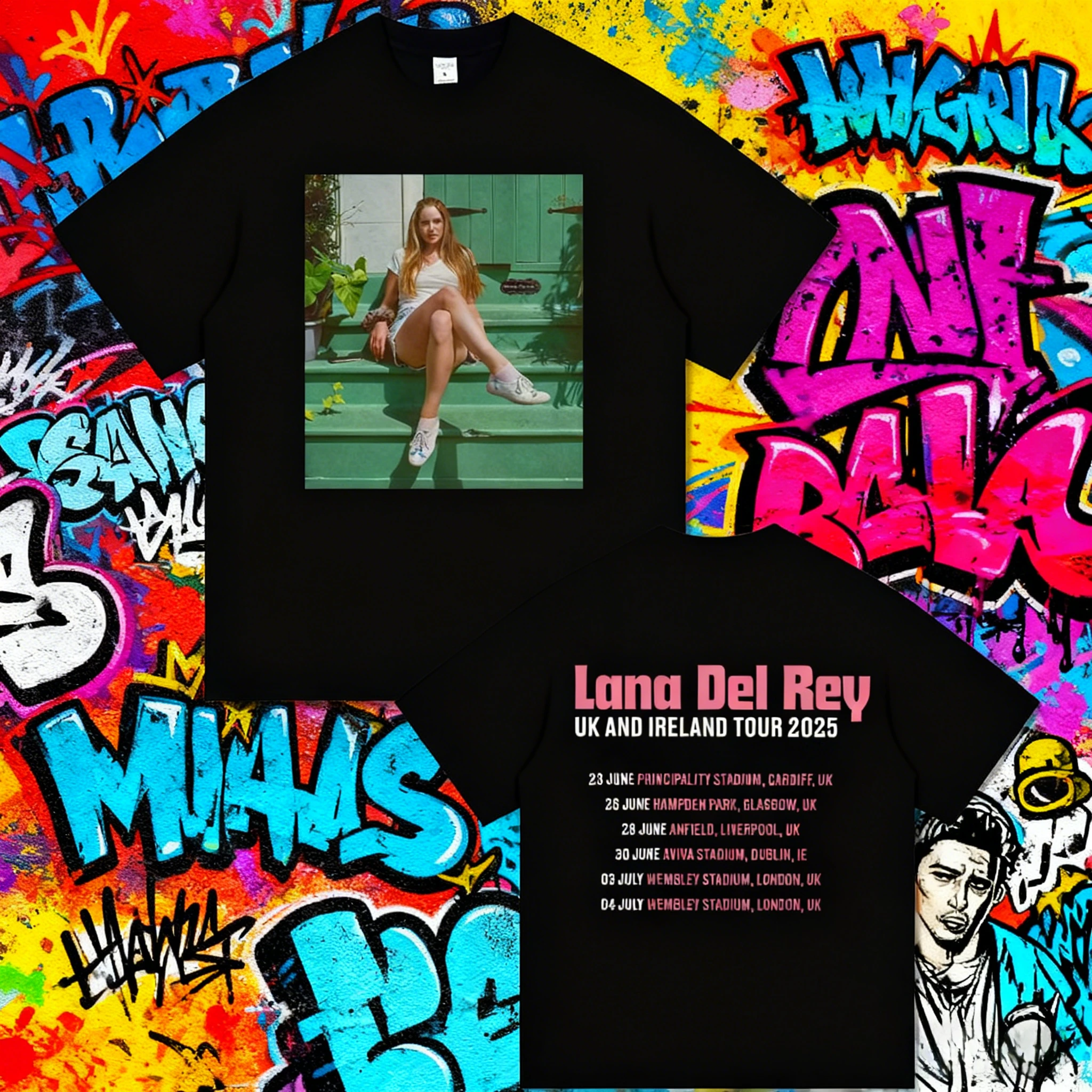2025 الصيف لانا ديل ري المملكة المتحدة أيرلندا جولة 100% القطن الخالص تي شيرت مطبوع الرجال النساء الهيب هوب موضة الاتجاه الترفيه قصيرة الأكمام