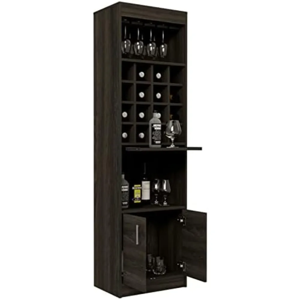 

Contemporary Tall Home Bar and Wine Cabinet with 12 Wine Glass Rack and 16 Bottle Liquor Cubbies in Espresso-Carbon